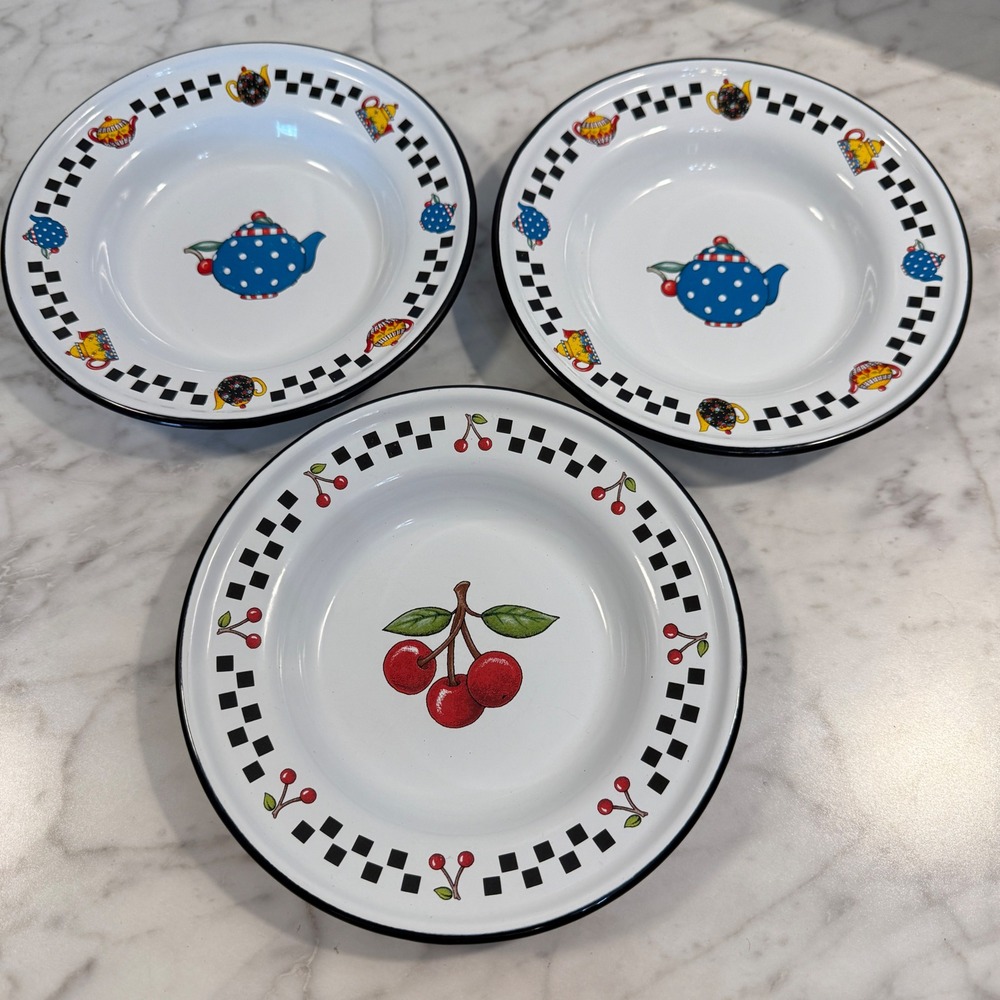 Set of 3 Mary Engelbreit Teapot Cherry Enamel Metal 7.25" Salad Plates